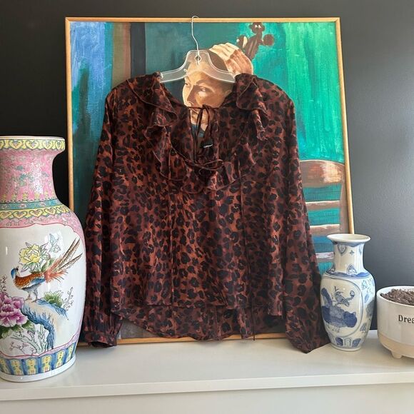 Amisu Brown and Black Sheer Ruffled Tie Front Blouse XS - Picture 12 of 15